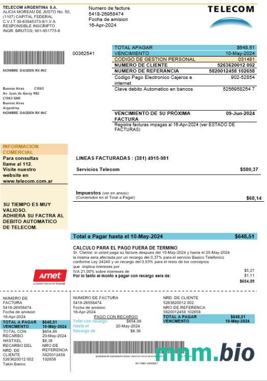 Argentina Telecom rachunek za usługi komunalne szablon w formacie Word i PDF w pełni edytowalne, dobre dla adresu udowodnić